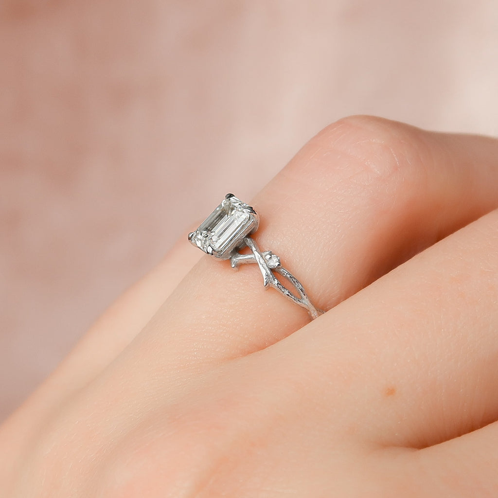 1.0 - 3.50 CT Emerald Cut Lab Grown Diamond Twig Engagement Ring