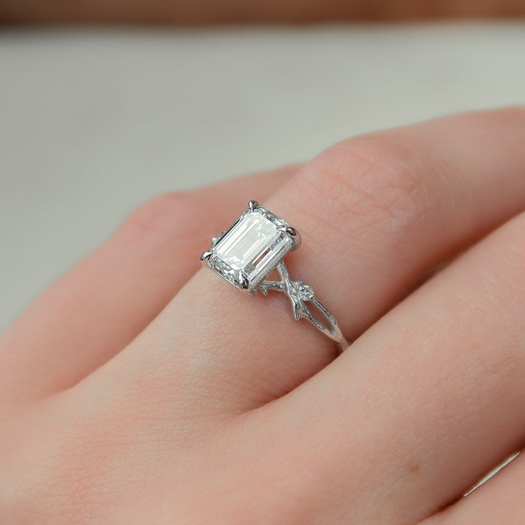 1.0 - 3.50 CT Emerald Cut Lab Grown Diamond Twig Engagement Ring