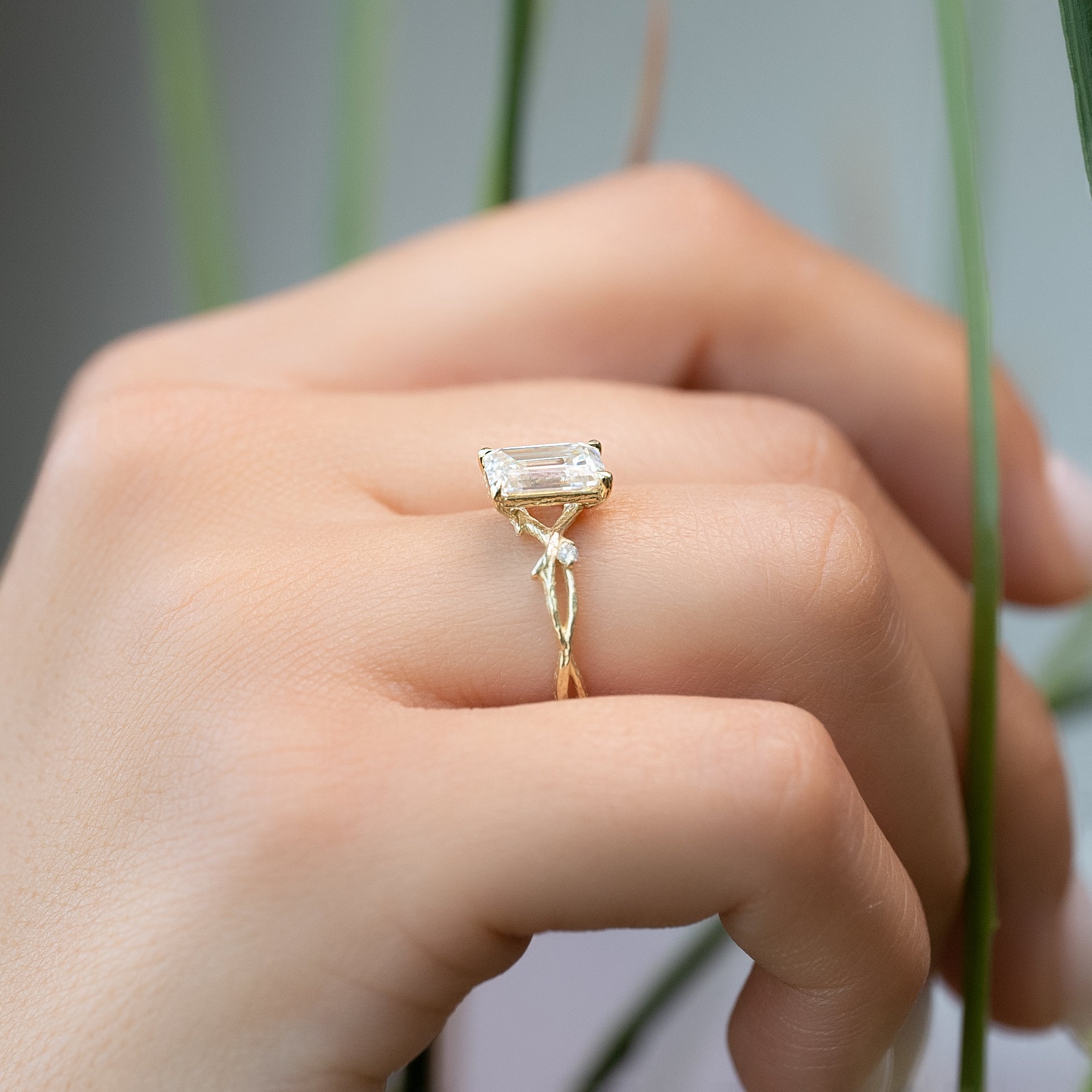 1.0 - 3.50 CT Emerald Cut Lab Grown Diamond Twig Engagement Ring