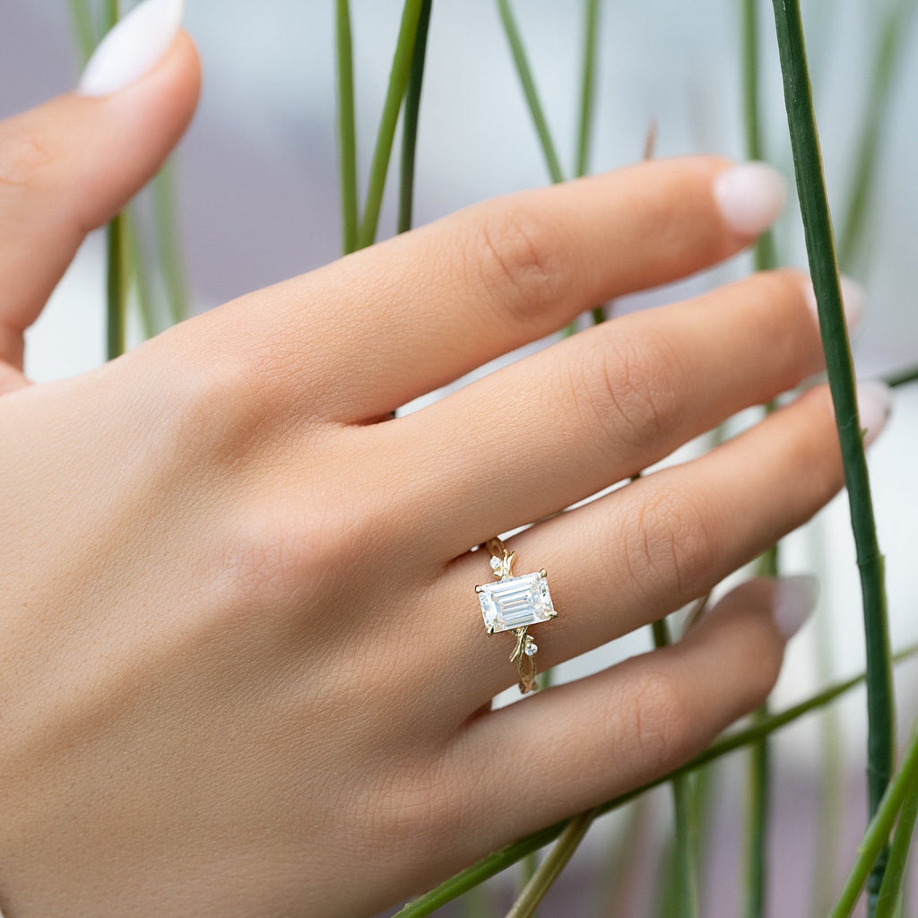 1.0 - 3.50 CT Emerald Cut Lab Grown Diamond Twig Engagement Ring