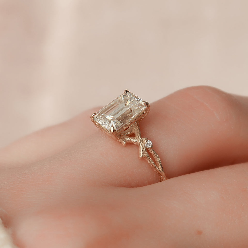 1.0 - 3.50 CT Emerald Cut Lab Grown Diamond Twig Engagement Ring