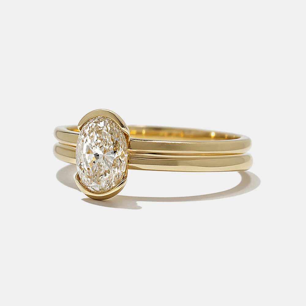 Oval Lab Grown Diamond Half Bezel Engagement Ring – 10K/14K/18K Gold & Platinum – 1.0–3.5 CT