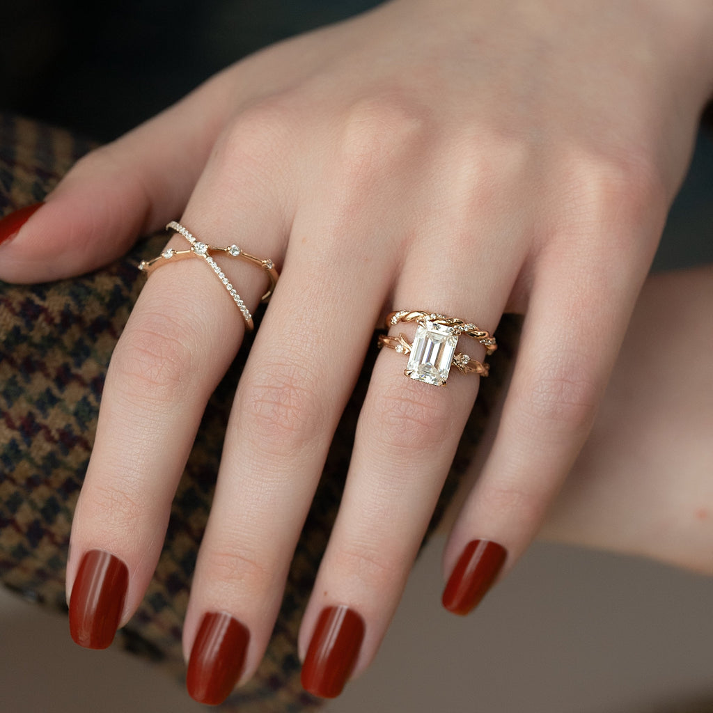 1.0 - 3.50 CT Emerald Cut Lab Grown Diamond Twig Engagement Ring