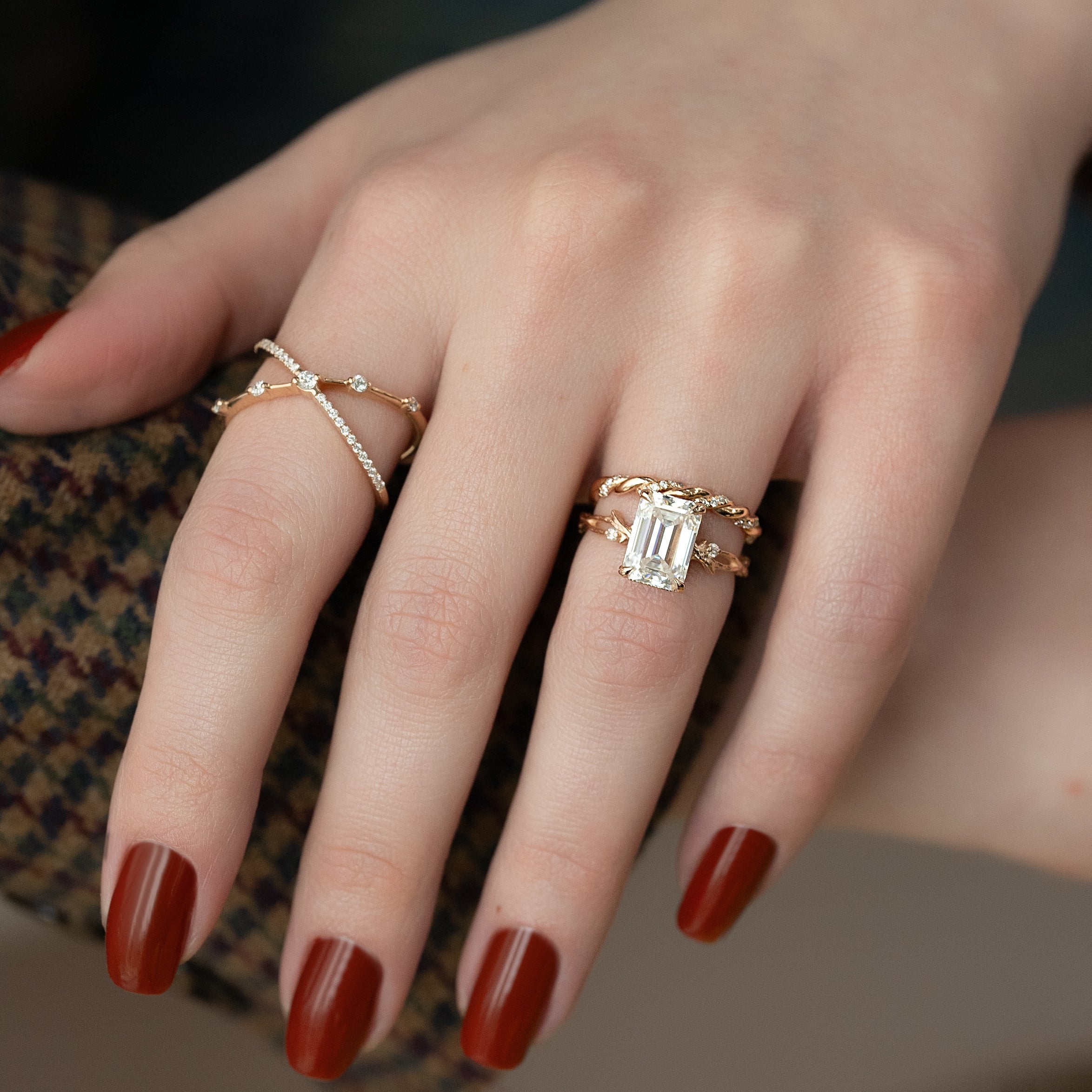 1.0 - 3.50 CT Emerald Cut Lab Grown Diamond Twig Engagement Ring