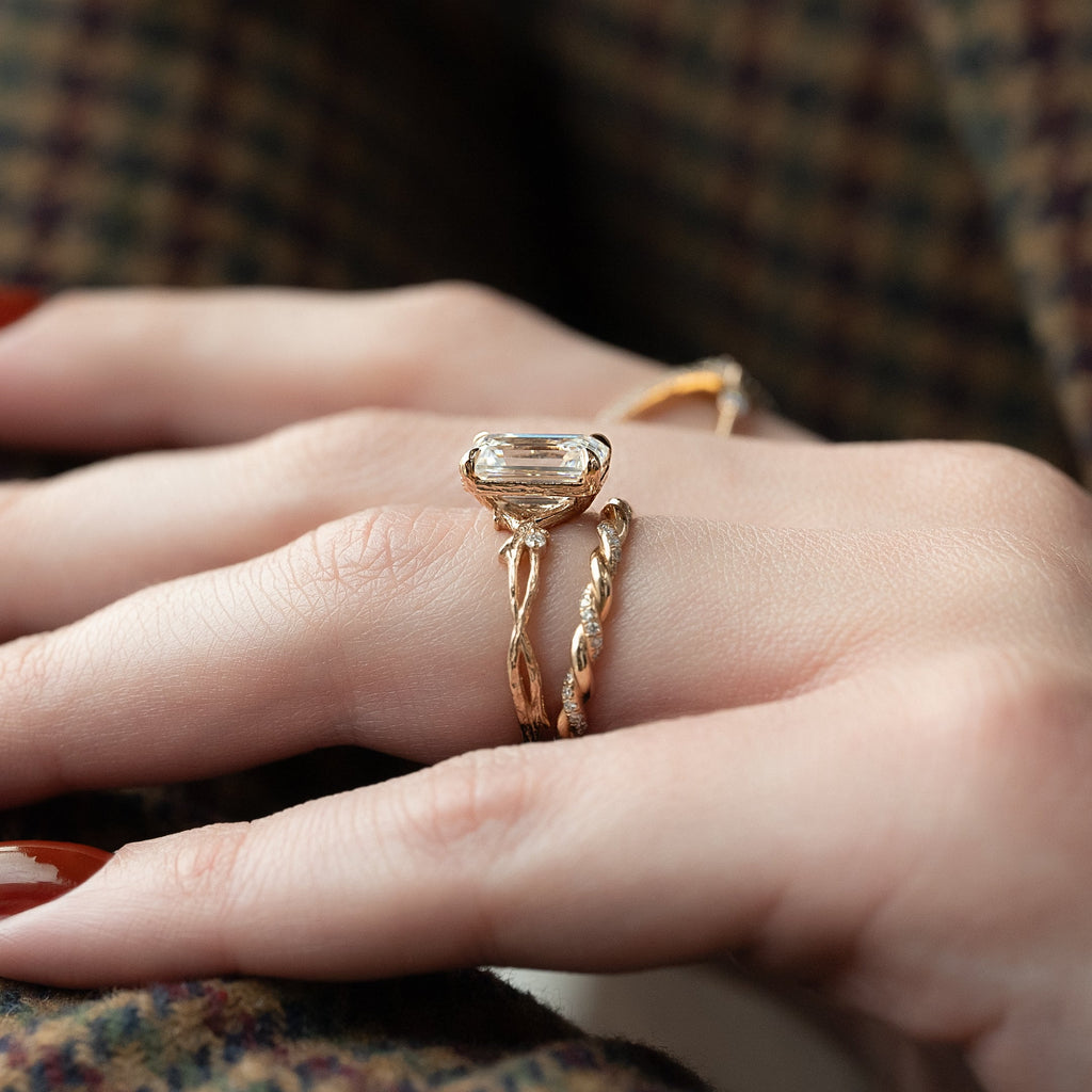 1.0 - 3.50 CT Emerald Cut Lab Grown Diamond Twig Engagement Ring