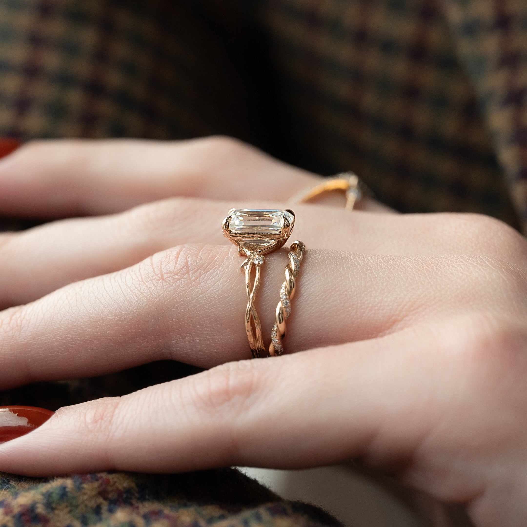 1.0 - 3.50 CT Emerald Cut Lab Grown Diamond Twig Engagement Ring