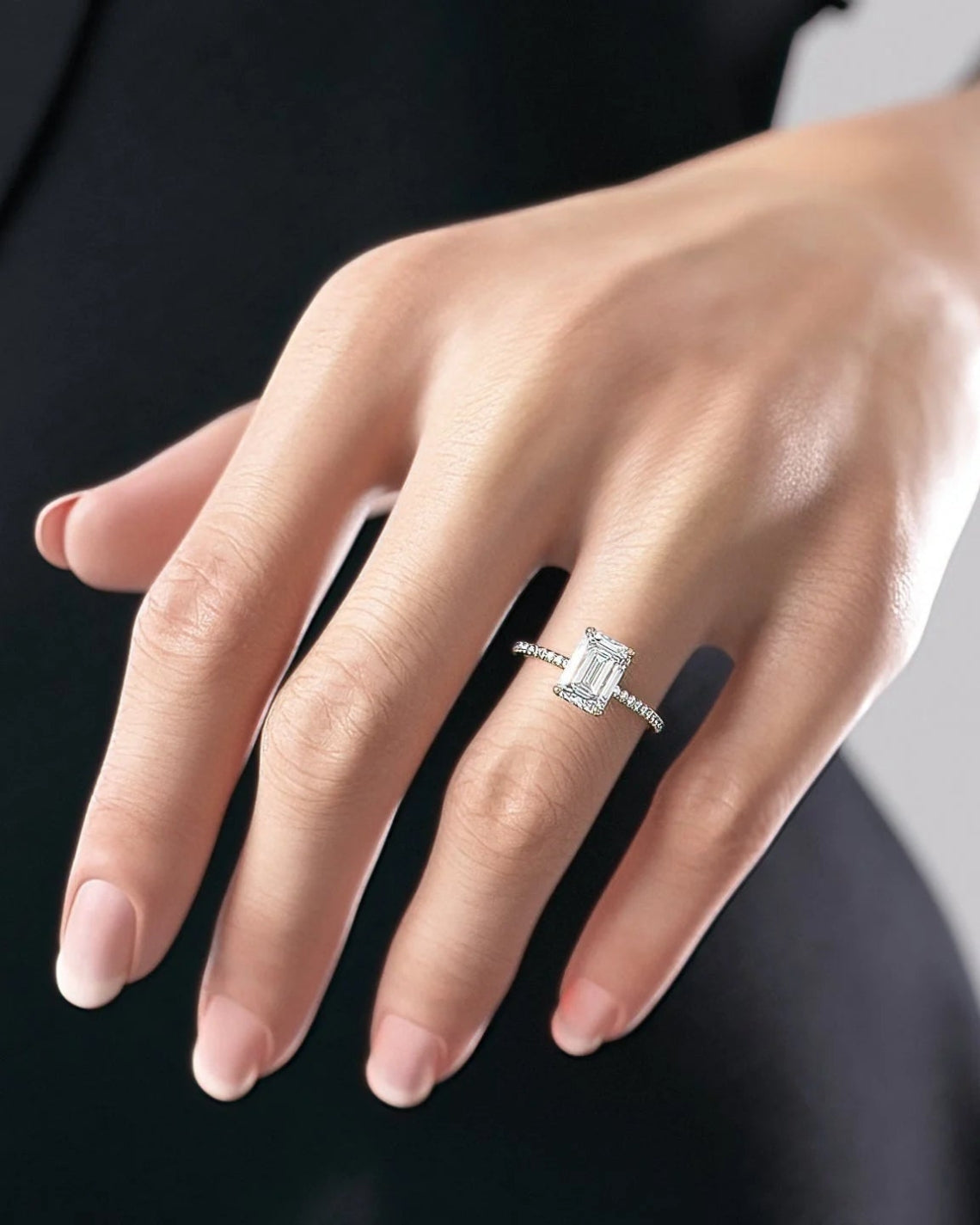 Emerald Cut Lab Grown Diamond Hidden Halo Engagement Ring