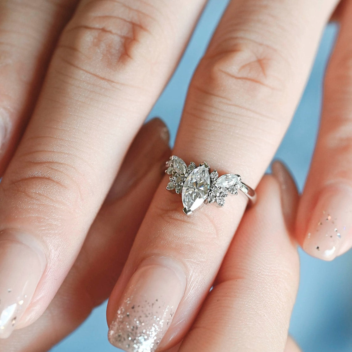 1.0 - 3.50 CT Marquise Cut Lab Grown Diamond Cluster Engagement Ring